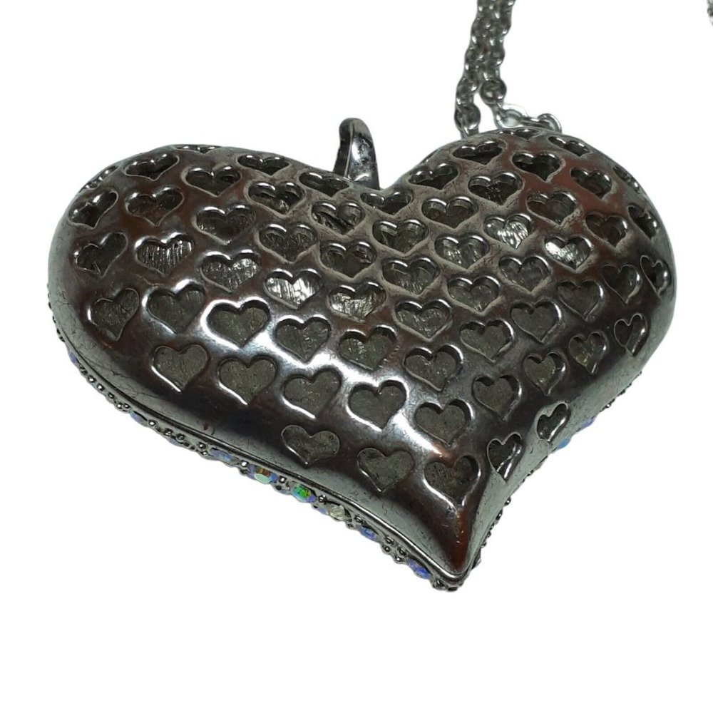 Necklace Rhinestone 3" Pave Heart Long Silver-Tone Chain Cage Back Valentines - Picture 7 of 8